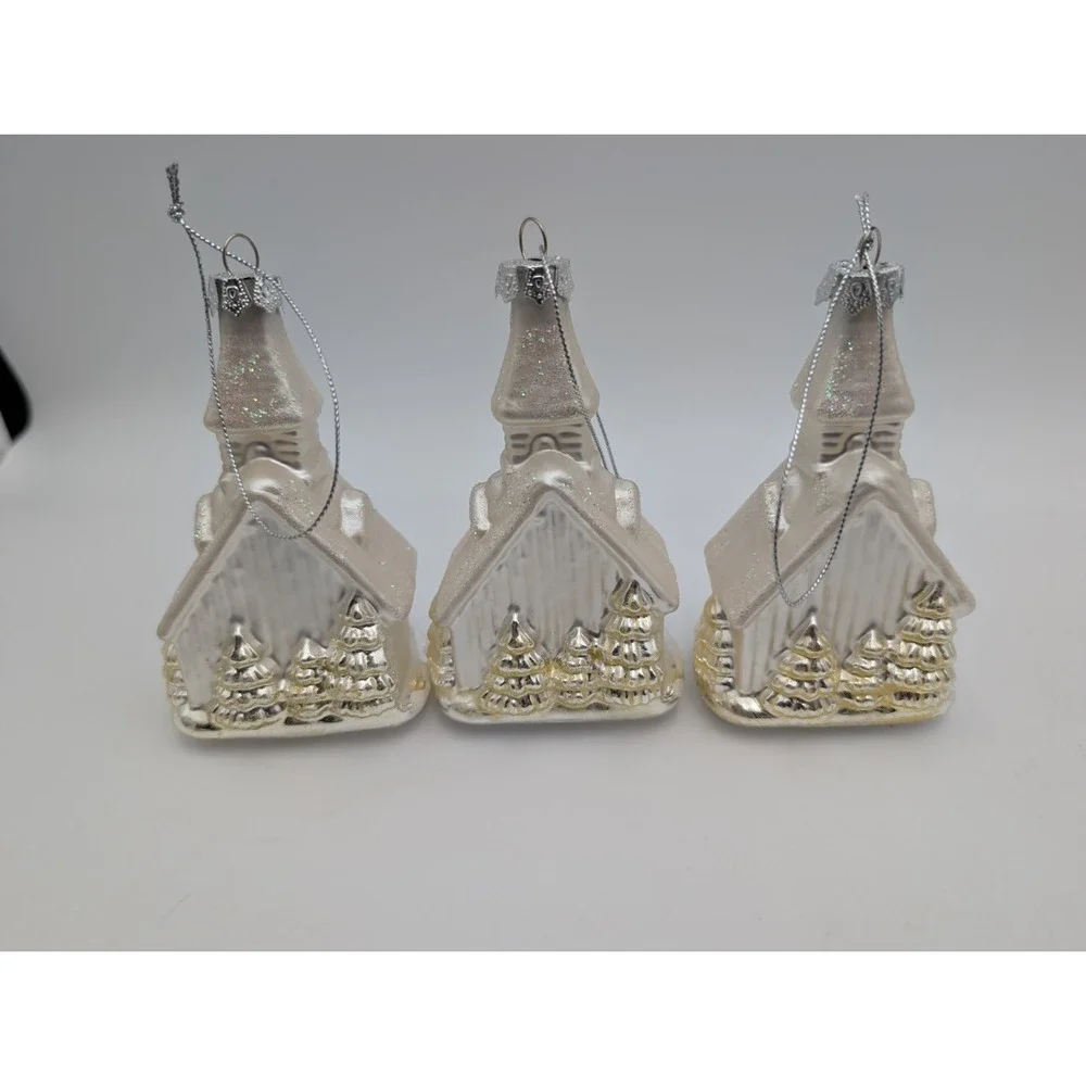 Glass Church Chapel Christmas Ornaments Silver White Lot of 3 4 Inch‎